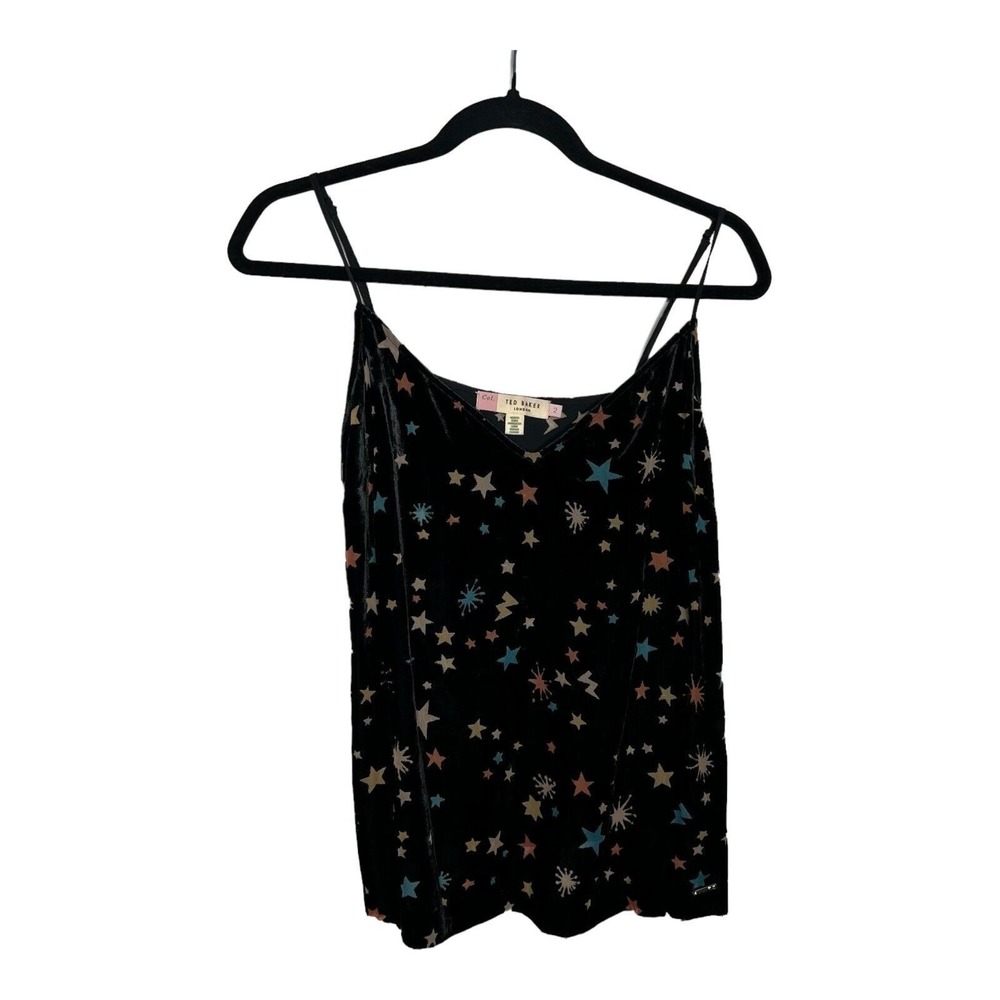 Ted‎ Baker Top Womens US 6 Black Velvet All Over Star Print Cami Tank Boho